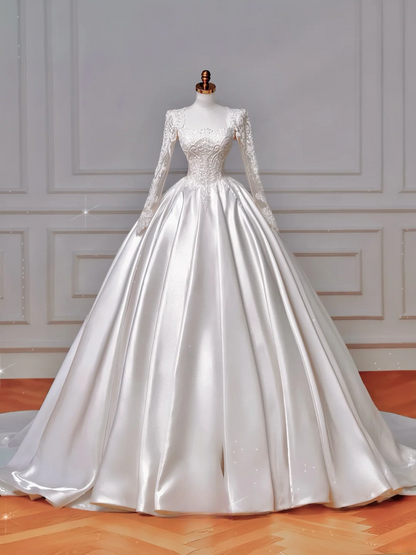 Timeless Ball Gown Square Neck Lace With Long Sleeves Beaded Crystals Sweep Train Bodice Princess Bridal Gowns Wedding Dresses MP033