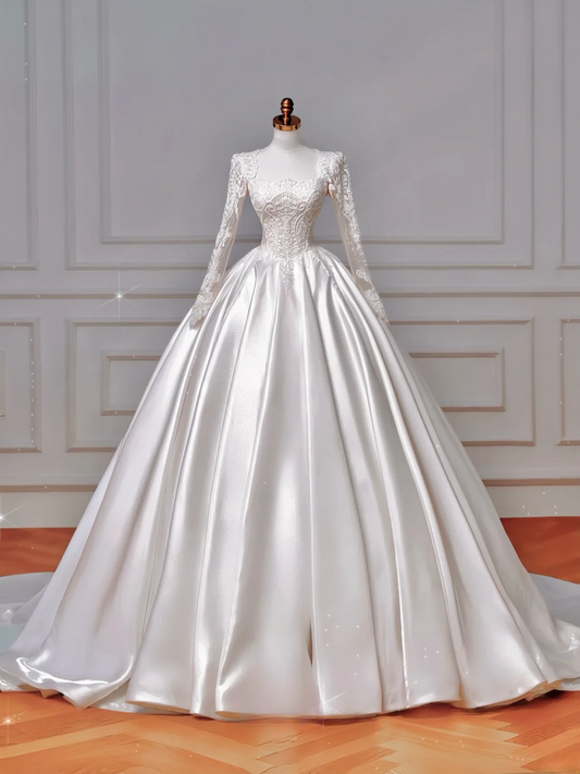 Timeless Ball Gown Square Neck Lace With Long Sleeves Beaded Crystals Sweep Train Bodice Princess Bridal Gowns Wedding Dresses MP033