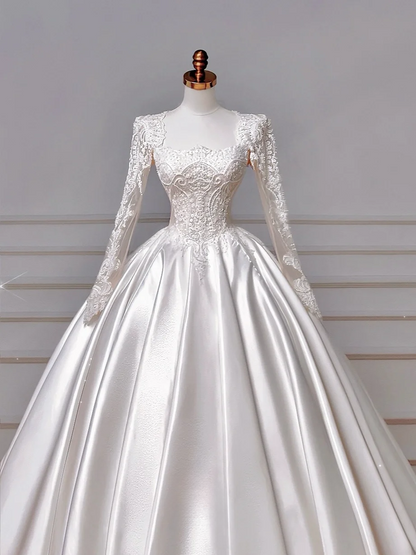 Timeless Ball Gown Square Neck Lace With Long Sleeves Beaded Crystals Sweep Train Bodice Princess Bridal Gowns Wedding Dresses MP033