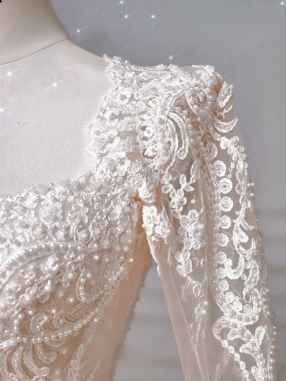 Timeless Ball Gown Square Neck Lace With Long Sleeves Beaded Crystals Sweep Train Bodice Princess Bridal Gowns Wedding Dresses MP033