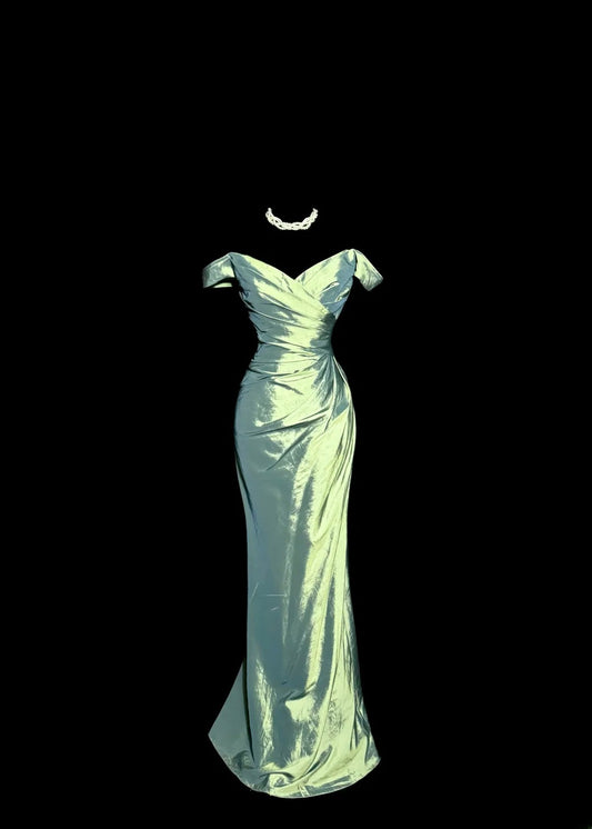 Elegantes Meerjungfrauen-Abendkleid, schulterfrei, salbeigrün mit Ärmeln, lange Ballkleider, Damen-Partykleider MP581