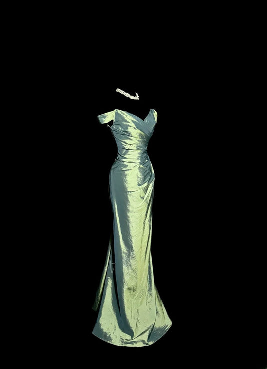 Elegantes Meerjungfrauen-Abendkleid, schulterfrei, salbeigrün mit Ärmeln, lange Ballkleider, Damen-Partykleider MP581