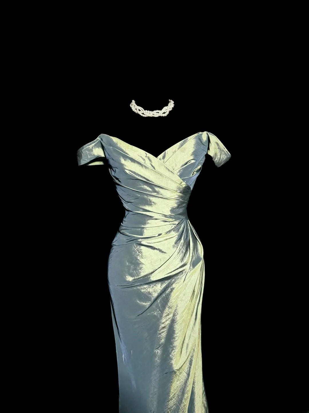 Robe de bal longue sirène sexy vert sauge à épaules dénudées avec manches, robes de soirée pour femmes MP581