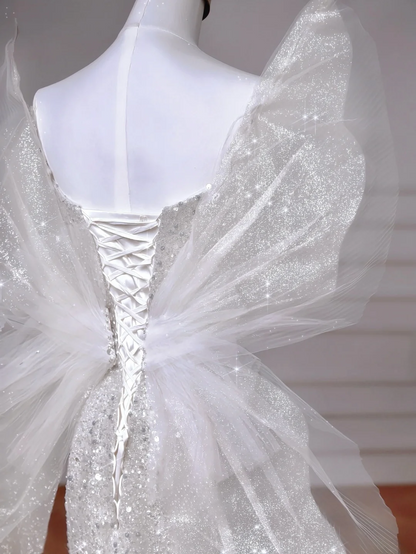 Robes de mariée Princesse de conte de fées Sirène Bustier Blanc avec papillons brodés de cristaux Traîne Balayage Corsage Robes de mariée MP034