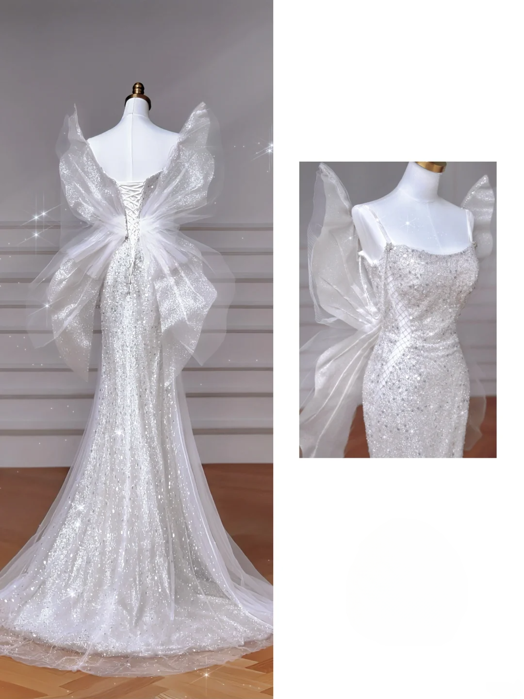 Robes de mariée Princesse de conte de fées Sirène Bustier Blanc avec papillons brodés de cristaux Traîne Balayage Corsage Robes de mariée MP034
