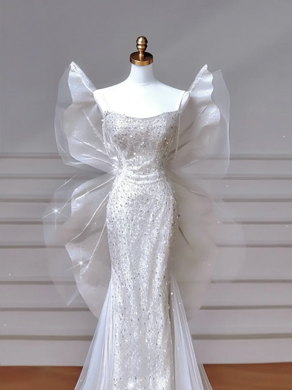 Robes de mariée Princesse de conte de fées Sirène Bustier Blanc avec papillons brodés de cristaux Traîne Balayage Corsage Robes de mariée MP034