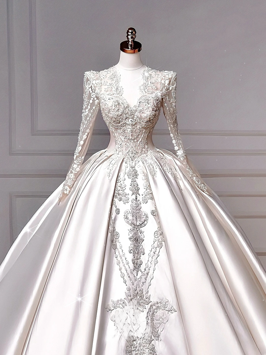 Robe de bal intemporelle en satin à col en V avec manches longues, appliques, traîne balayante, corsage appliqué, robes de mariée princesse MP035