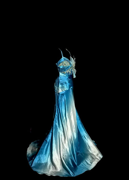 Robes de bal longues sirène glamour à bretelles dégradées bleu blanc avec perles pour femmes robes de soirée MP583