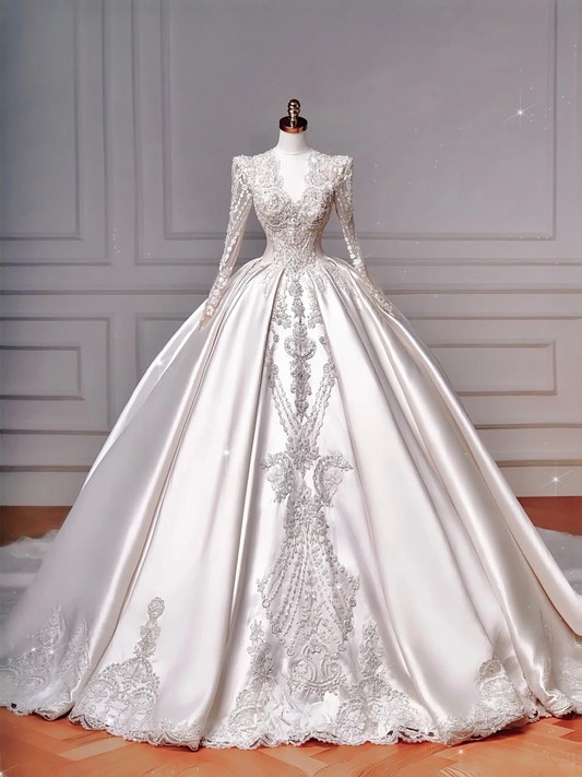 Timeless Ball Gown V Neck Satin With Long Sleeves Appliques Sweep Train Bodice Appliques Princess Bridal Gowns Wedding Dresses MP035