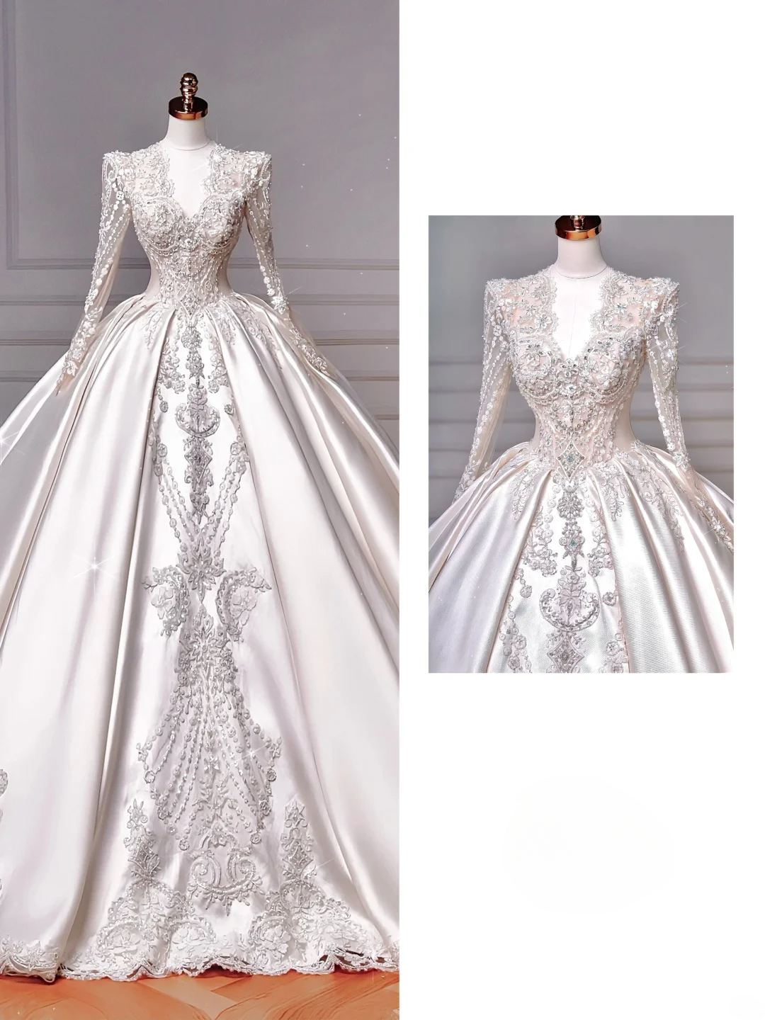 Robe de bal intemporelle en satin à col en V avec manches longues, appliques, traîne balayante, corsage appliqué, robes de mariée princesse MP035