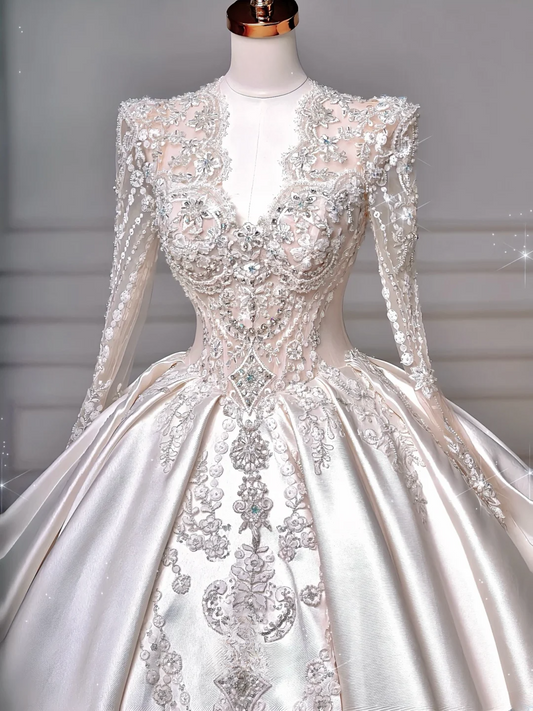 Timeless Ball Gown V Neck Satin With Long Sleeves Appliques Sweep Train Bodice Appliques Princess Bridal Gowns Wedding Dresses MP035