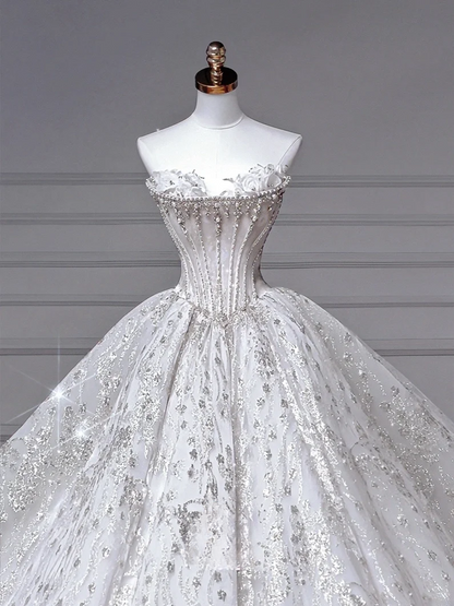 Timeless Ball Gown Sweetheart With Flowers Beaded Crystals Bodice Sweep Train Princess Bridal Gowns Wedding Dresses MP036