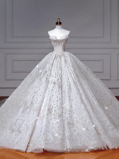Timeless Ball Gown Sweetheart With Flowers Beaded Crystals Bodice Sweep Train Princess Bridal Gowns Wedding Dresses MP036