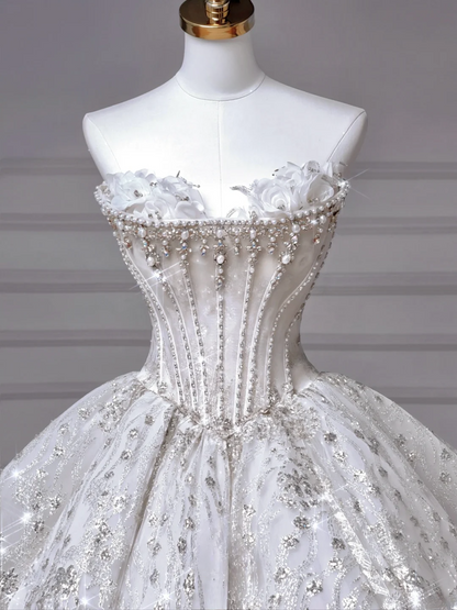 Timeless Ball Gown Sweetheart With Flowers Beaded Crystals Bodice Sweep Train Princess Bridal Gowns Wedding Dresses MP036