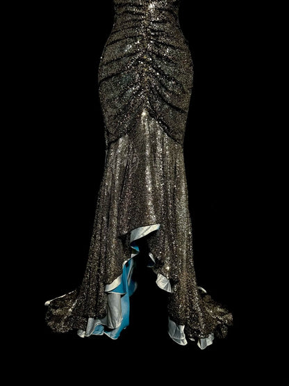Exquisite Mermaid Halter Grey Sequin With Pleated Long Prom Dresses Women Party Gowns MP585