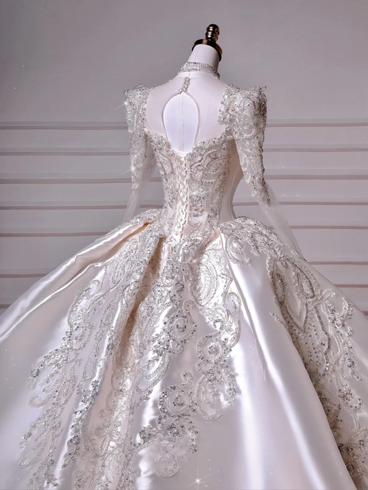 Princess Ball Gown Square Neck Satin With Long Sleeves Beaded Bodice Appliques Princess Bridal Gowns Wedding Dresses MP039