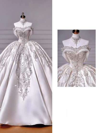 Timeless Ball Gown Strapless Satin With Short Sleeves Beaded Bodice Appliques Princess Bridal Gowns Wedding Dresses MP024