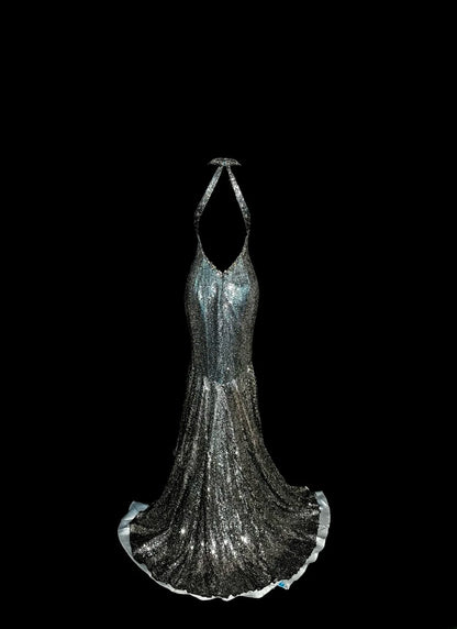 Exquisite Mermaid Halter Grey Sequin With Pleated Long Prom Dresses Women Party Gowns MP585