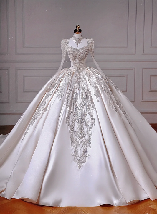 Princess Ball Gown Square Neck Satin With Long Sleeves Beaded Bodice Appliques Princess Bridal Gowns Wedding Dresses MP039