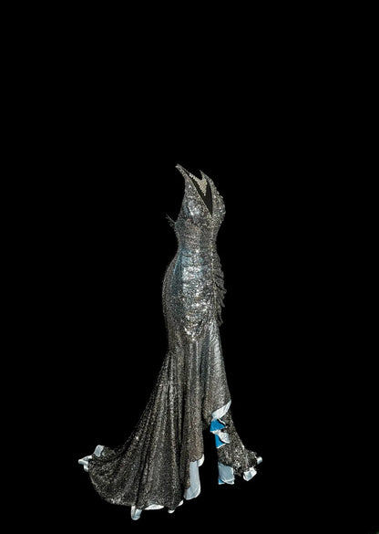 Exquisite Mermaid Halter Grey Sequin With Pleated Long Prom Dresses Women Party Gowns MP585