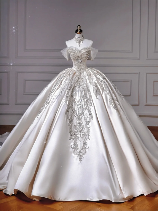Timeless Ball Gown Off The Shoulder Satin With Short Sleeves Beaded Bodice Appliques Princess Bridal Gowns Wedding Dresses MP037
