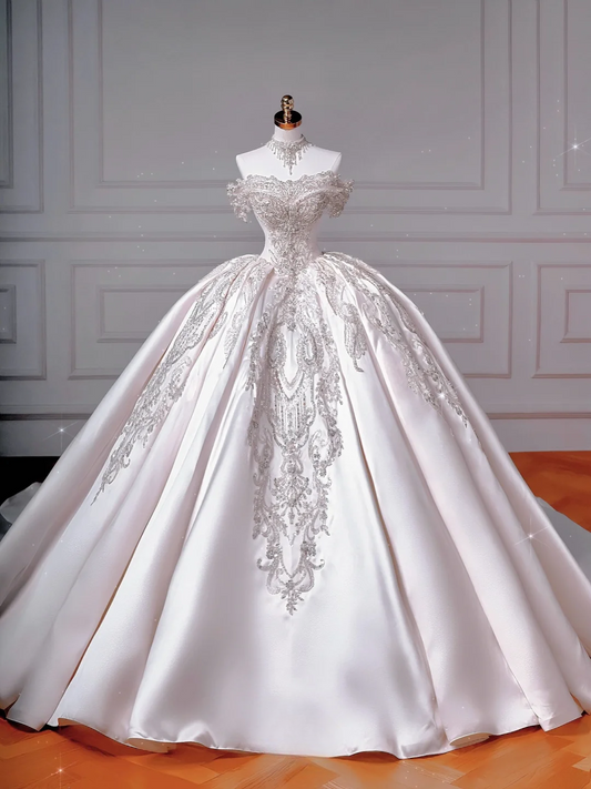Princess Ball Gown Off The Shoulder Satin With Short Sleeves Beaded Bodice Appliques Princess Bridal Gowns Wedding Dresses MP038