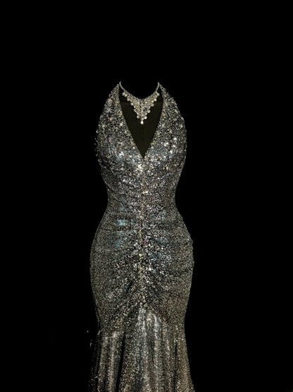 Exquisite Mermaid Halter Grey Sequin With Pleated Long Prom Dresses Women Party Gowns MP585