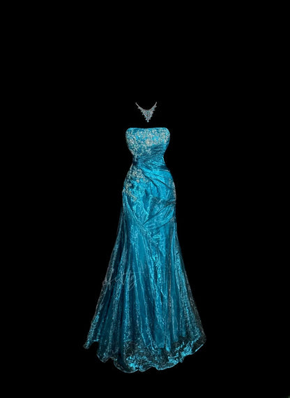 Superbes Robes de Bal Longues Sirène Bustier Bleues Appliquées pour Femmes Robes de Soirée MP586