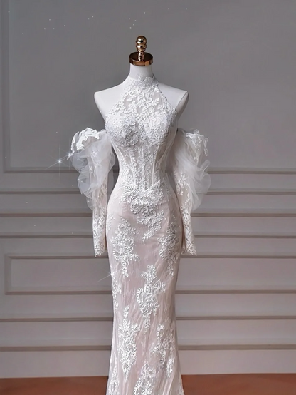 Wedding Dresses Fairytale Princesses Mermaid High Neck Lace White With Sleeves Sweep Train Bodice Bridal Gowns Wedding Dresses MP040