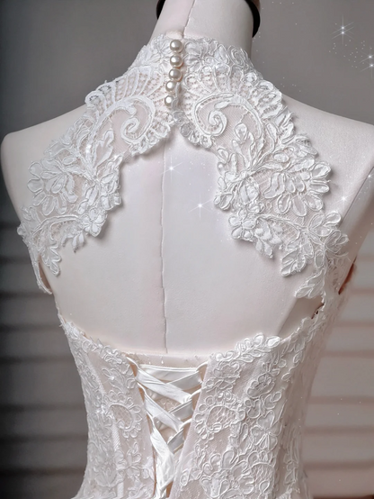 Wedding Dresses Fairytale Princesses Mermaid High Neck Lace White With Sleeves Sweep Train Bodice Bridal Gowns Wedding Dresses MP040