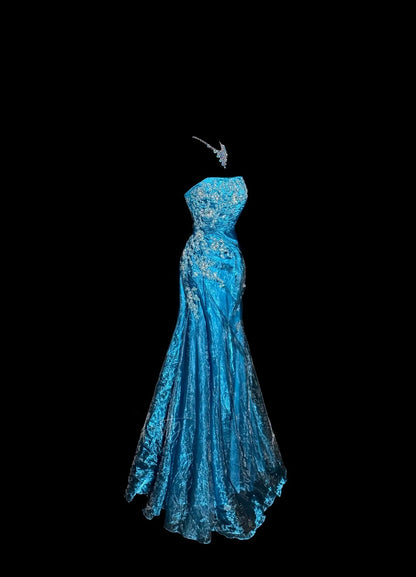 Superbes Robes de Bal Longues Sirène Bustier Bleues Appliquées pour Femmes Robes de Soirée MP586