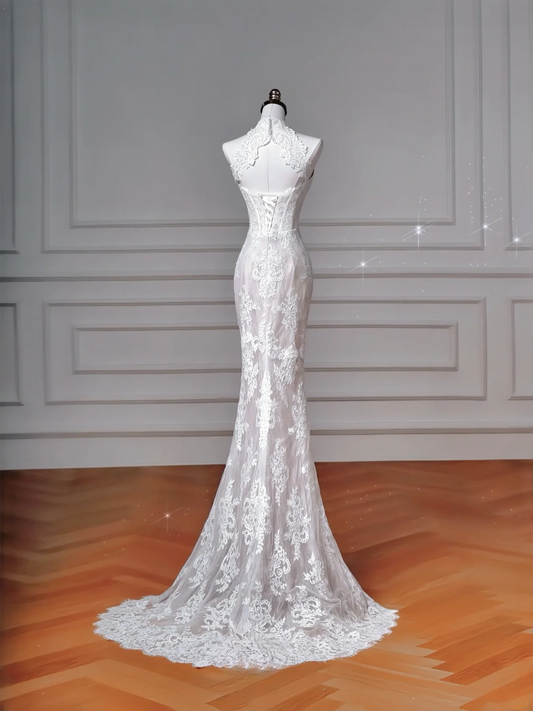 Wedding Dresses Fairytale Princesses Mermaid High Neck Lace White With Sleeves Sweep Train Bodice Bridal Gowns Wedding Dresses MP040