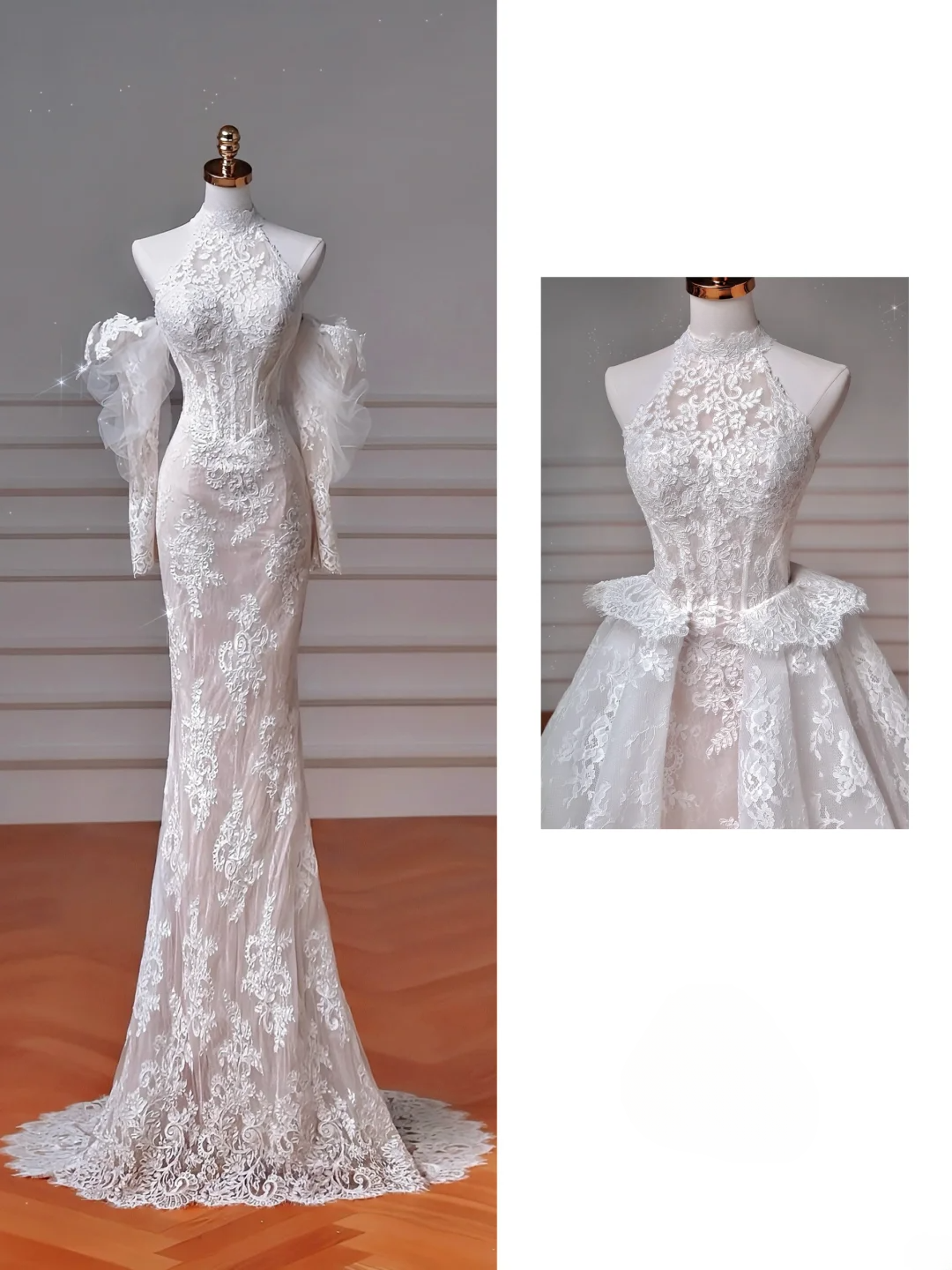 Wedding Dresses Fairytale Princesses Mermaid High Neck Lace White With Sleeves Sweep Train Bodice Bridal Gowns Wedding Dresses MP040