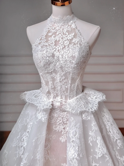 Wedding Dresses Fairytale Princesses Mermaid High Neck Lace White With Sleeves Sweep Train Bodice Bridal Gowns Wedding Dresses MP040