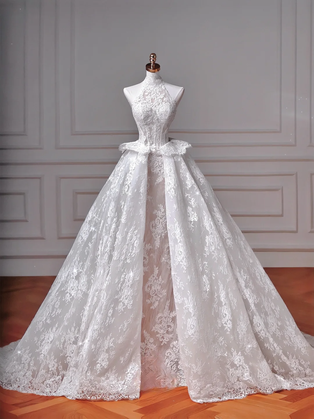Wedding Dresses Fairytale Princesses Mermaid High Neck Lace White With Sleeves Sweep Train Bodice Bridal Gowns Wedding Dresses MP040