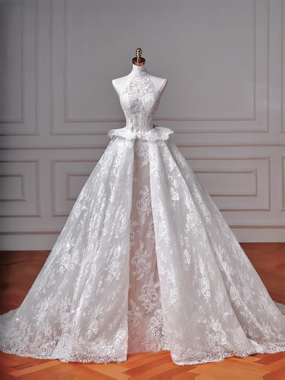 Wedding Dresses Fairytale Princesses Mermaid High Neck Lace White With Sleeves Sweep Train Bodice Bridal Gowns Wedding Dresses MP040