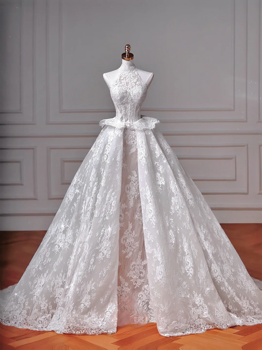 Wedding Dresses Fairytale Princesses Mermaid High Neck Lace White With Sleeves Sweep Train Bodice Bridal Gowns Wedding Dresses MP040