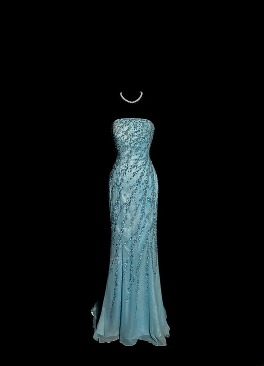 Stunning Mermaid Strapless Blue With Beading Long Prom Dresses Women Party Gowns MP587