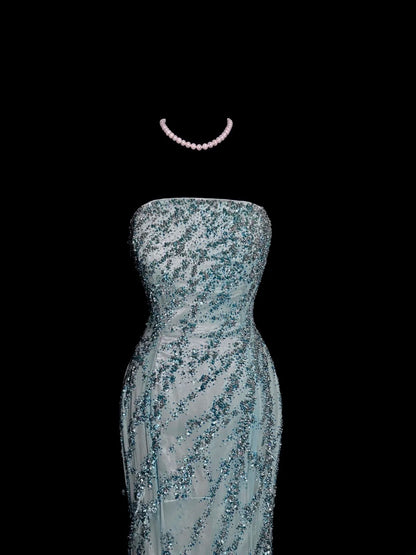 Atemberaubendes Meerjungfrauen-Trägerlos-Kleid in Blau mit Perlenstickerei, langes Ballkleid, Partykleid für Damen MP587