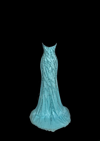 Atemberaubendes Meerjungfrauen-Trägerlos-Kleid in Blau mit Perlenstickerei, langes Ballkleid, Partykleid für Damen MP587