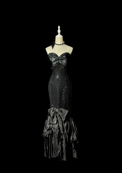 Stunning Mermaid Sweetheart Black With Bow-knot Long Prom Dresses Women Party Gowns MP588