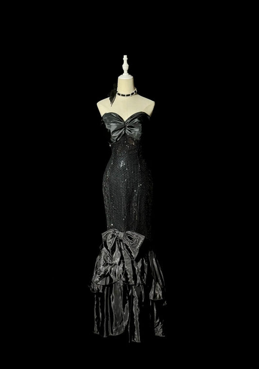 Stunning Mermaid Sweetheart Black With Bow-knot Long Prom Dresses Women Party Gowns MP588