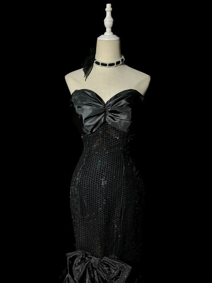 Stunning Mermaid Sweetheart Black With Bow-knot Long Prom Dresses Women Party Gowns MP588