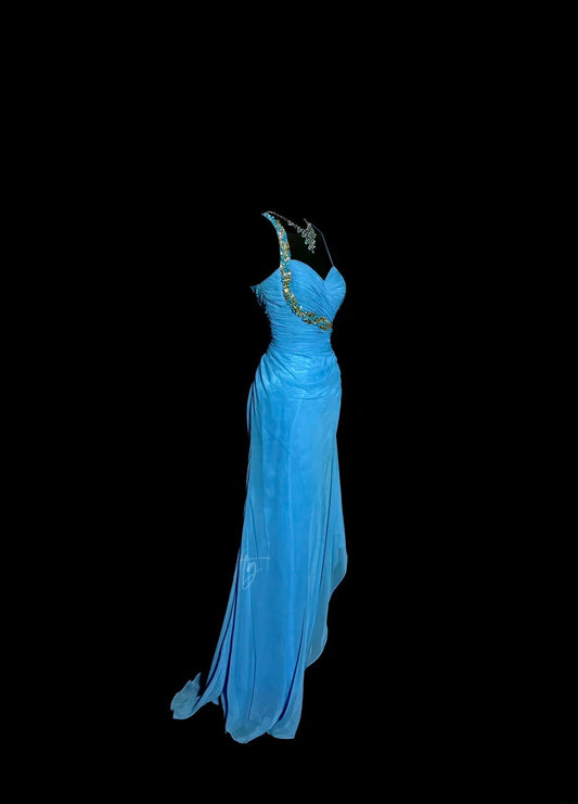 Stunning Mermaid Asymmetrical Shoulder Straps Blue Chiffon Split Long Prom Dresses Formal Gowns MP589