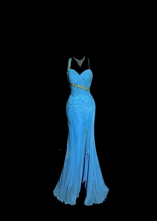 Stunning Mermaid Asymmetrical Shoulder Straps Blue Chiffon Split Long Prom Dresses Formal Gowns MP589