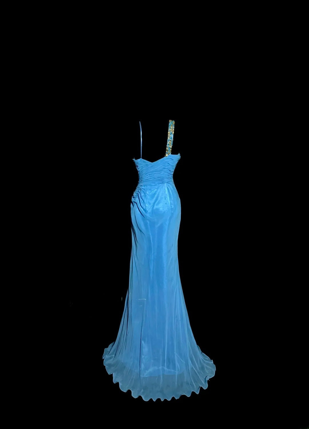 Stunning Mermaid Asymmetrical Shoulder Straps Blue Chiffon Split Long Prom Dresses Formal Gowns MP589