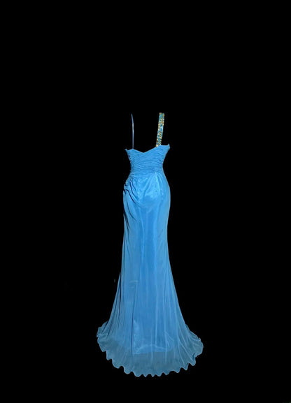 Stunning Mermaid Asymmetrical Shoulder Straps Blue Chiffon Split Long Prom Dresses Formal Gowns MP589