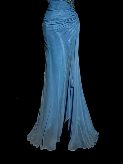 Stunning Mermaid Asymmetrical Shoulder Straps Blue Chiffon Split Long Prom Dresses Formal Gowns MP589
