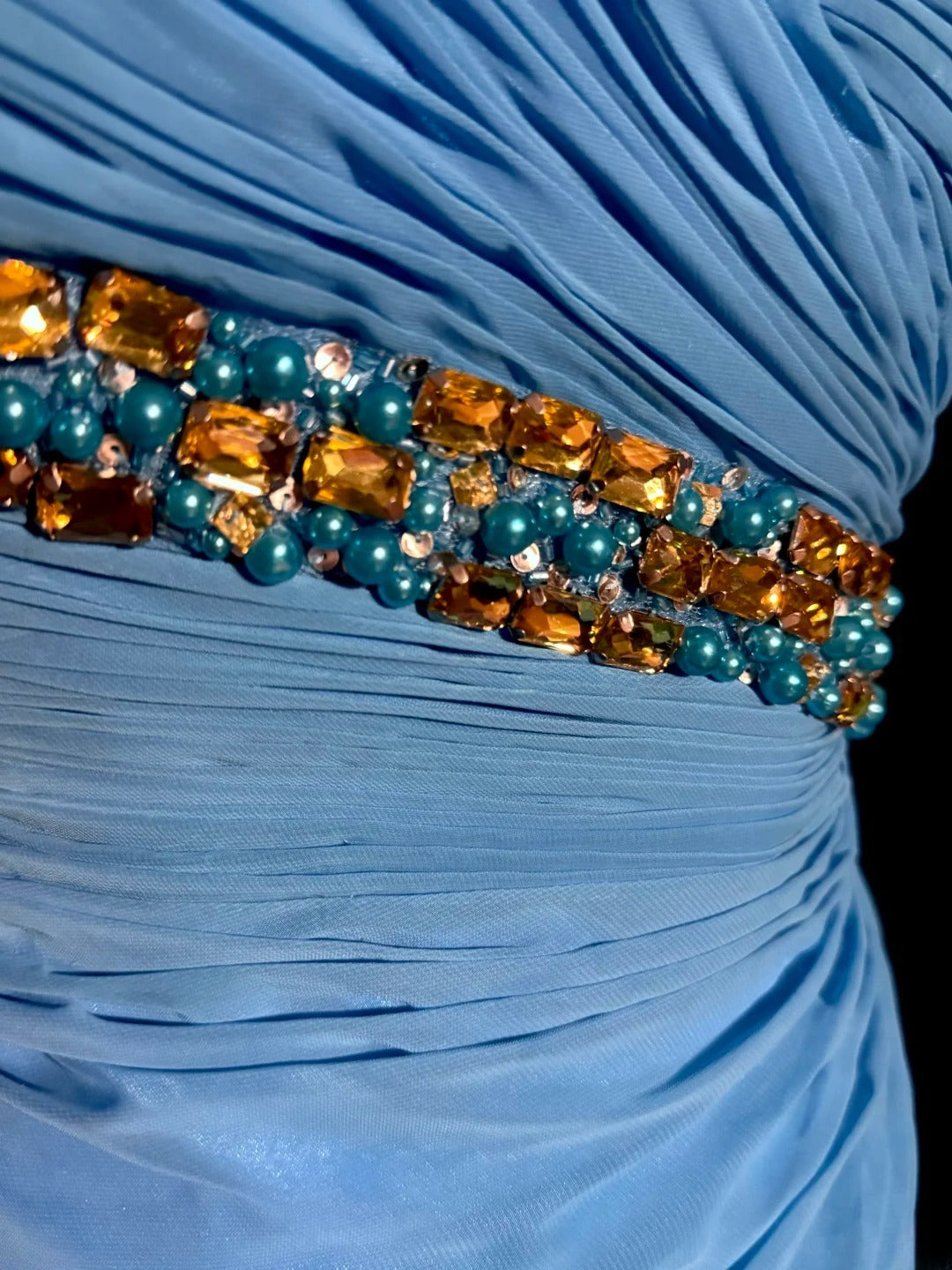 Stunning Mermaid Asymmetrical Shoulder Straps Blue Chiffon Split Long Prom Dresses Formal Gowns MP589