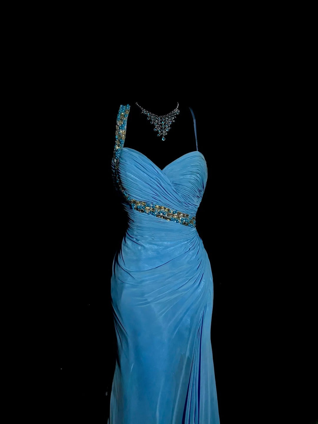 Stunning Mermaid Asymmetrical Shoulder Straps Blue Chiffon Split Long Prom Dresses Formal Gowns MP589